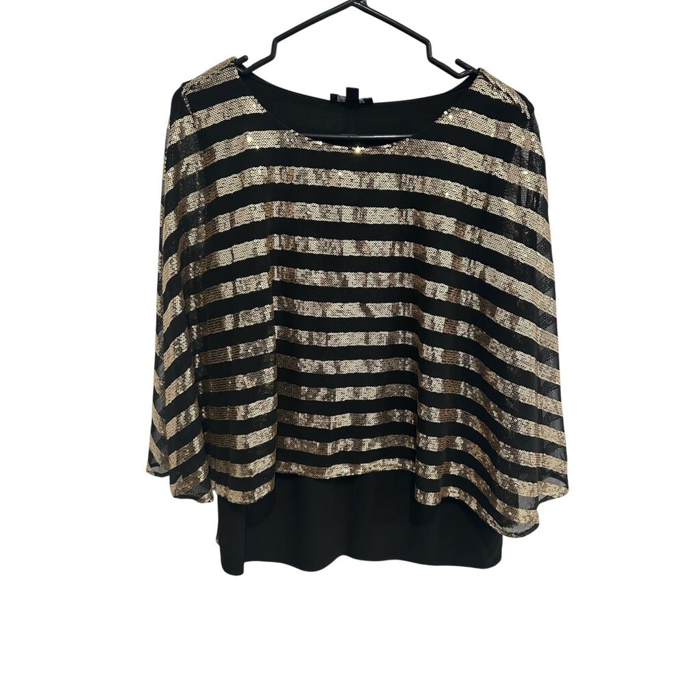 Prelude Striped Mesh Sequin Top Black Gold Sz Large Sparkle Party Night Out